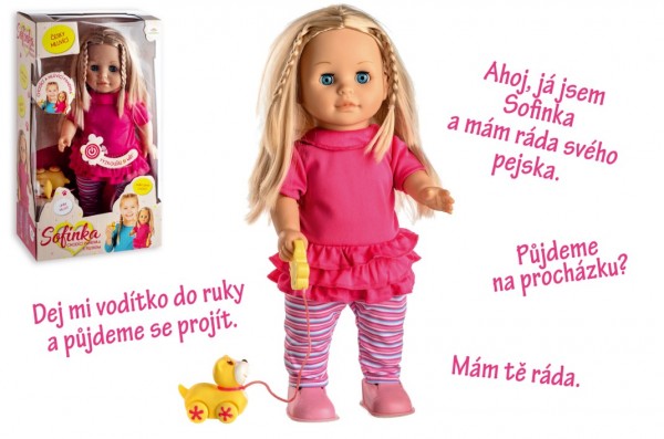 Panenka Sofinka s pejskem chodící a mluvící plast 42cm na baterie se zvukem 26x44x13cm
