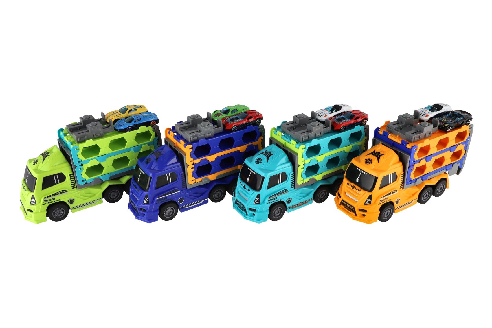 Auto kamion přepravník + auto 2ks plast 22cm na setrvačník 4 barvy